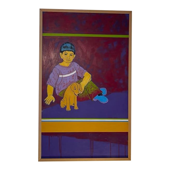 Boy & Puppy, Original Acrylic Painting, Framed: This vibrant and stylized painting captures a quiet moment of companionship between a young boy and a golden puppy. The boy, rendered in bold, flat colors with outlined features, is seated on the
