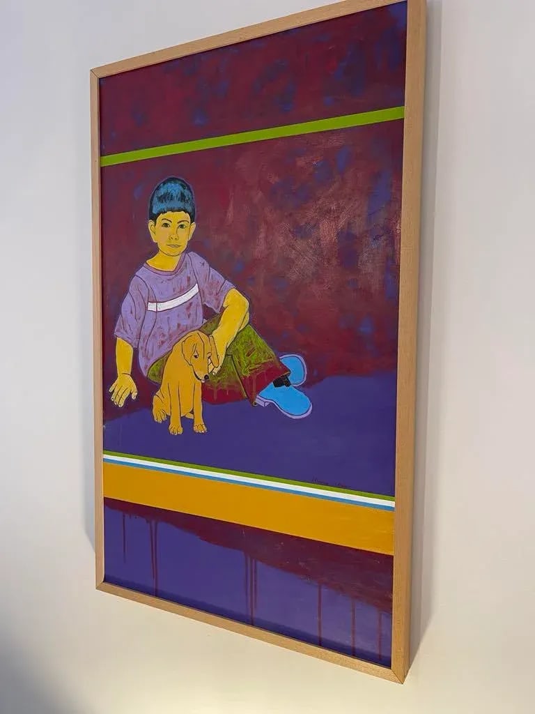 Boy & Puppy, Original Acrylic Painting, Framed - 2