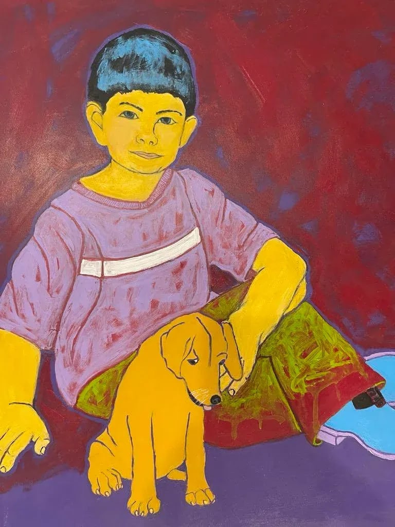 Boy & Puppy, Original Acrylic Painting, Framed - 3