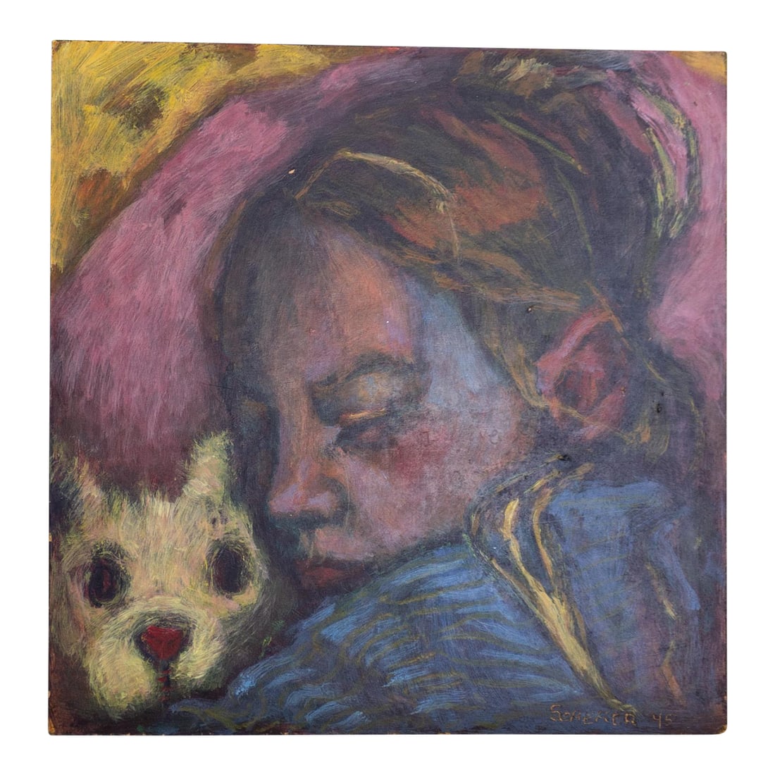 Colorful Figurative Portrait Painting of a Sleeping Girl by Amy Scherer: A colorful yet subdued figurative portrait painting by Seattle-based artist Amy Scherer depicts a girl sleeping with a stuffed animal. Warm purple-pink and mauve are accented with bright pops of ruby 