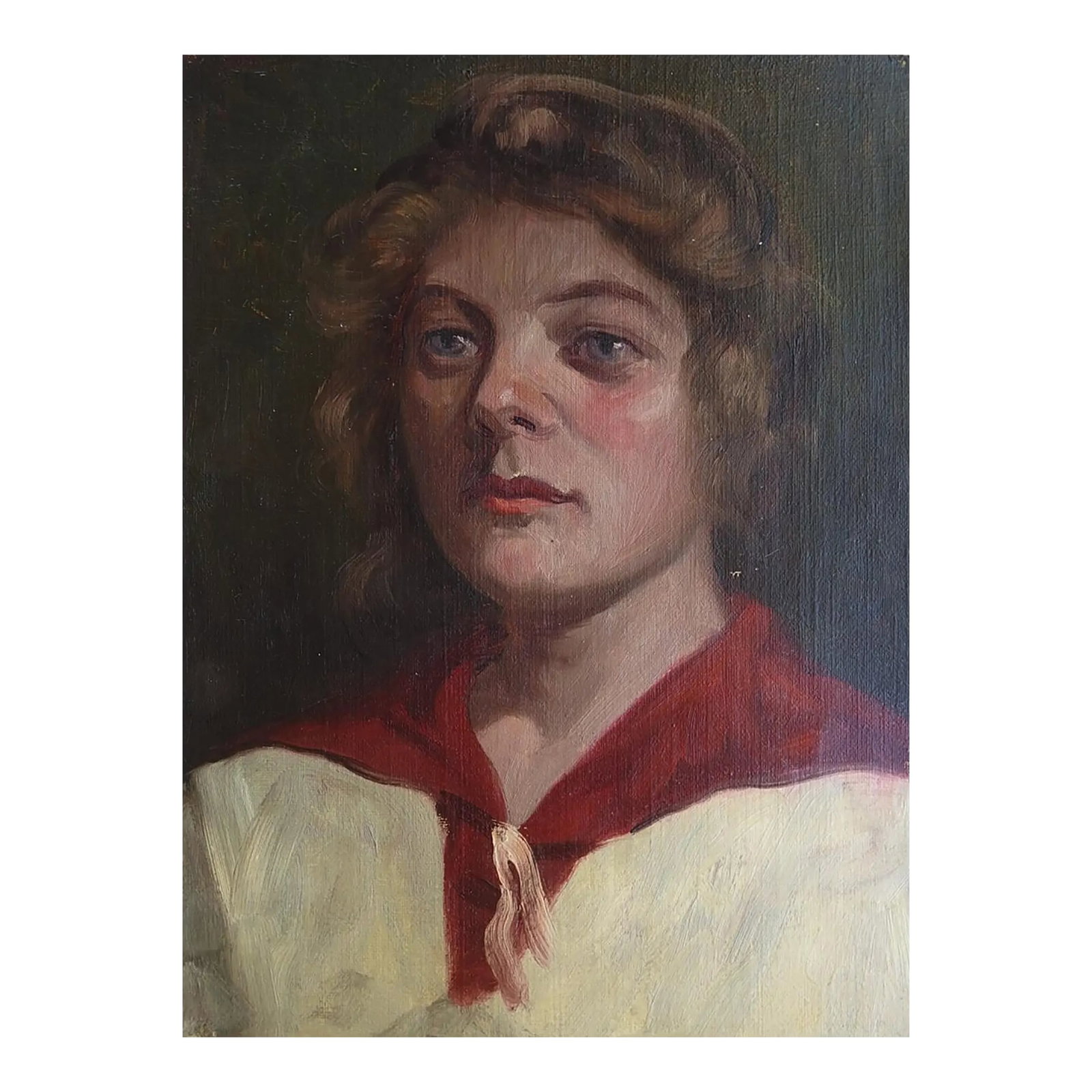 Early 20th Century Woman in Red and White Dress Portrait Painting: Early 20th century oil on canvas portrait painting of a young woman in white dress with red collar by Frederick B. Kress (1888-1970) California. Artist estate stamp on verso. Unframed, unstretched