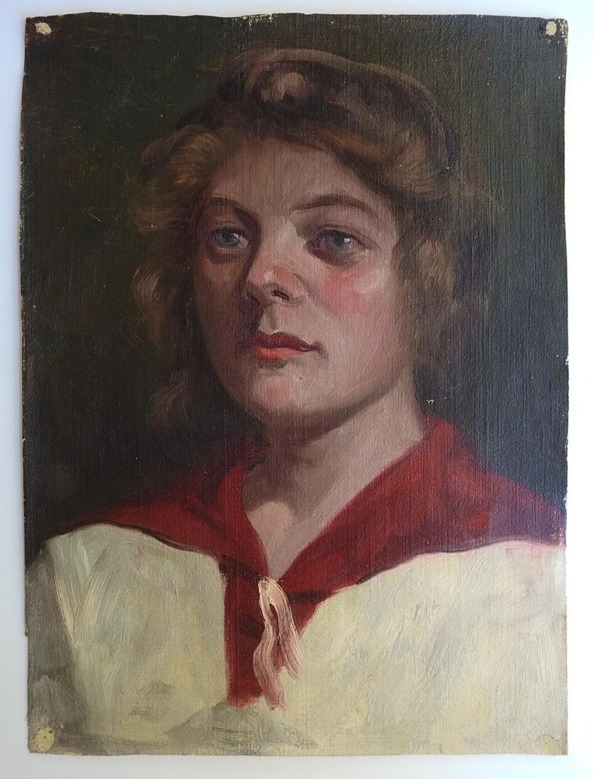 Early 20th Century Woman in Red and White Dress Portrait Painting - 3