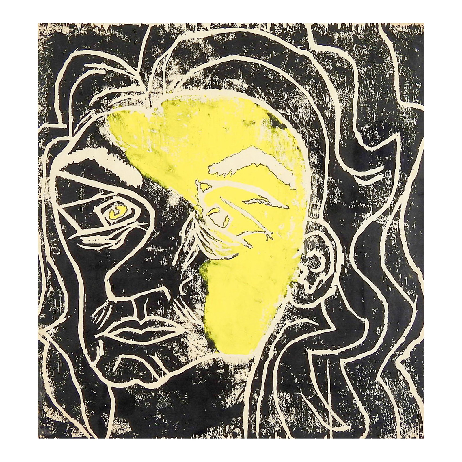 Mid 20th Century Abstract Yellow and Black Portrait Block Print: Mid 20th century abstract block print on paper portrait in yellow and black. Unsigned. Unframed, edge wear. Condition: Alterations: Original Condition Unaltered Imperfections: Some Imperfections