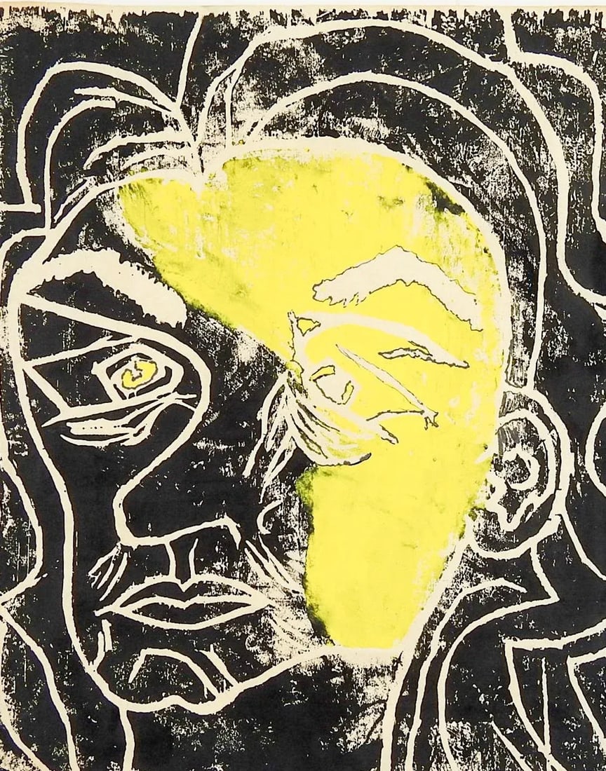 Mid 20th Century Abstract Yellow and Black Portrait Block Print - 2