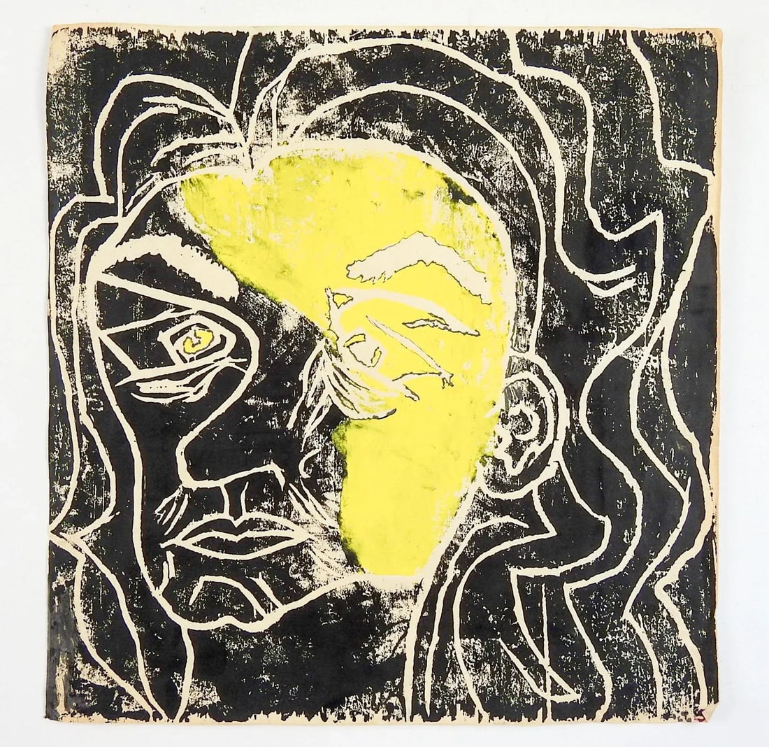 Mid 20th Century Abstract Yellow and Black Portrait Block Print - 3