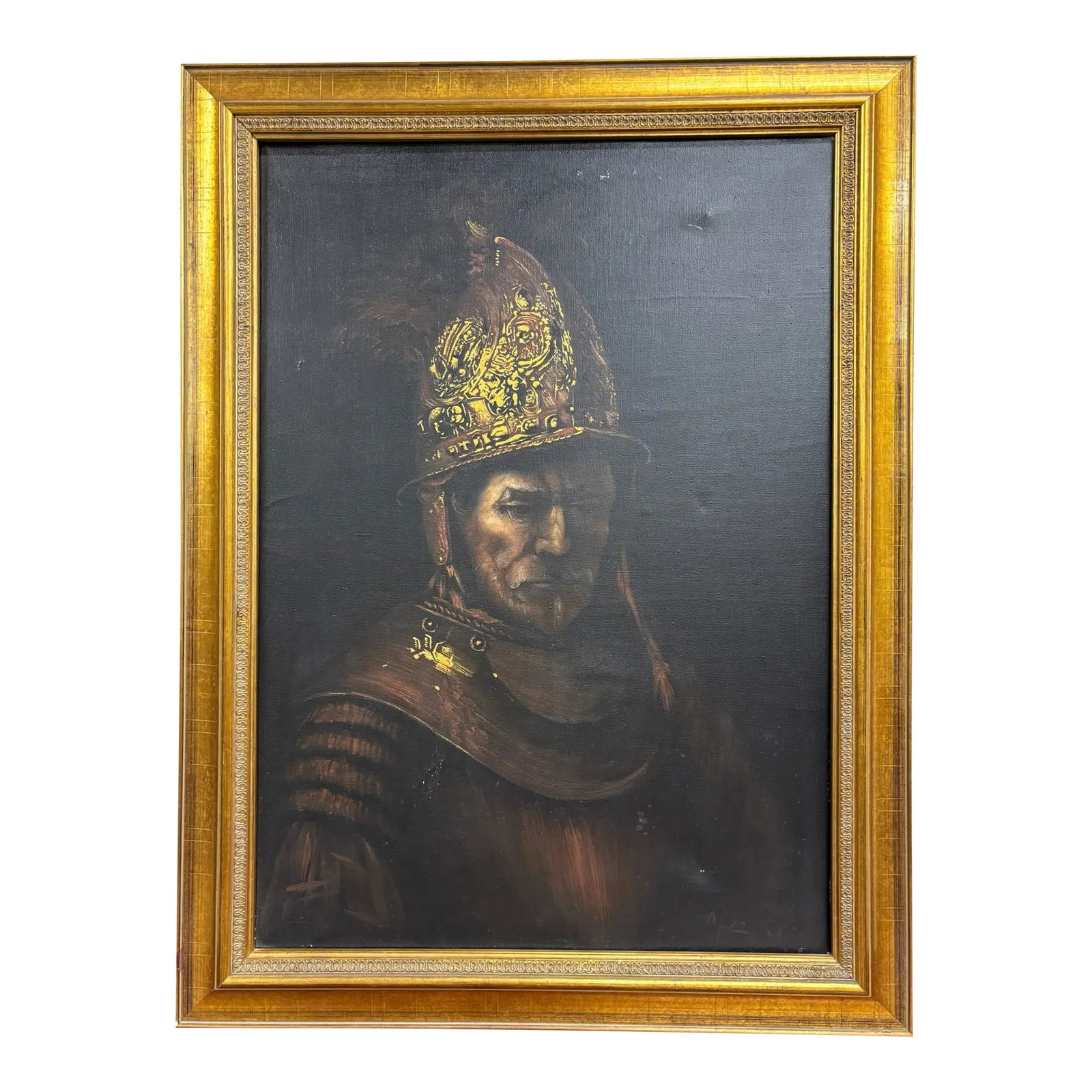 Vintage Frank McCoy "The Man With the Golden Helmet After Rembrandt" Portrait: This is a gorgeous vintage "The Man With The Golden Helmet After Rembrandt" portrait oil painting by Frank McCoy in an ornate gold frame. Cosmetic imperfections consistent with age, as pictured.
