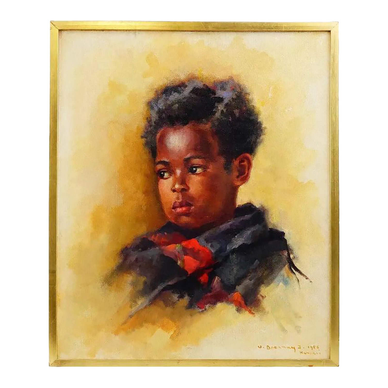 1950s Attributed to Jozsef Breznay Portrait Mixed Media Painting, Framed: Attributed to Jozsef Breznay, Hungarian, 1916 to 2012, mixed media painting on canvas depicting a portrait of an African American boy, 1956. Signed, dated and inscribed, lower right. Framed .Jozsef