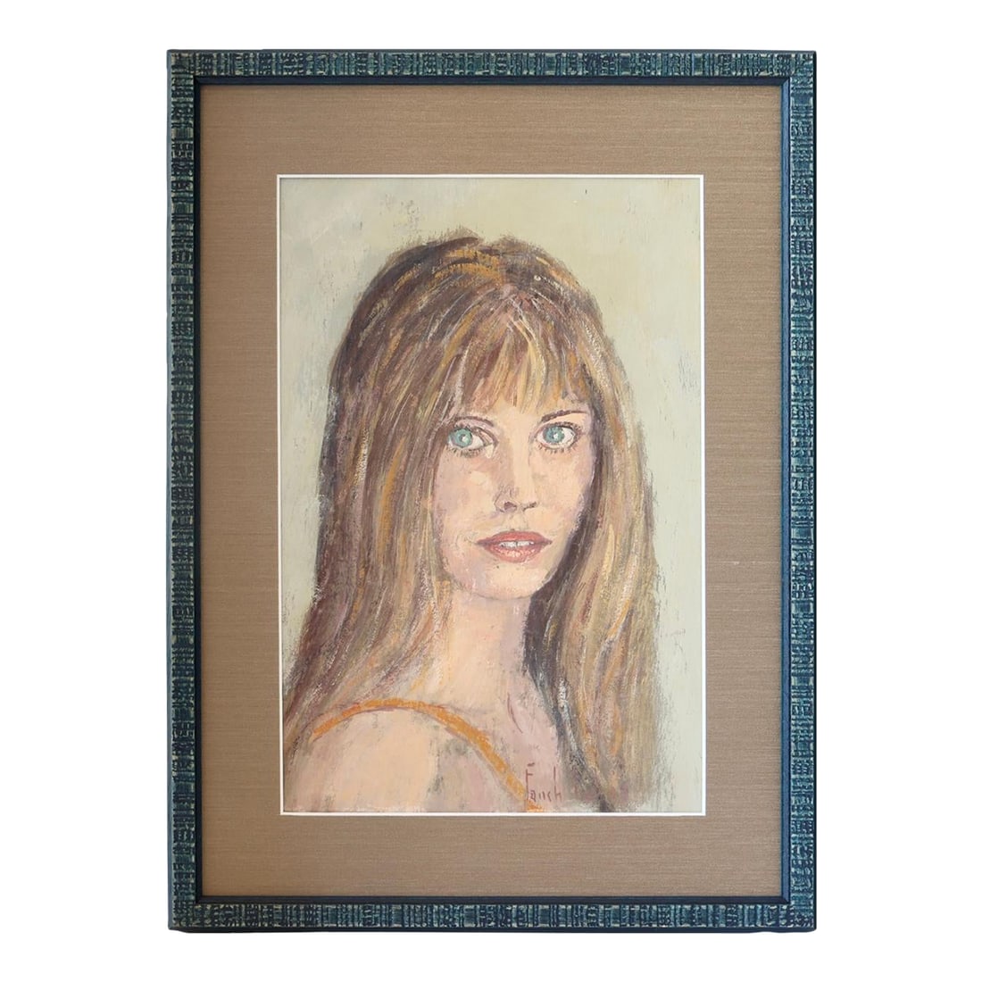 Vintage French Portrait of a Young Woman: Chic and moody French portrait on board, signed "Fanch." The subject's piercing gaze and windswept hair suggest a story worth guessing-rendered in soft, expressive strokes. Framed in a complementary t