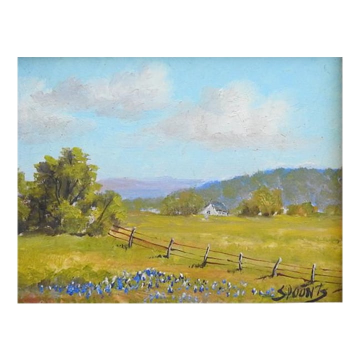 Small Late 20th Century Texas Bluebonnet Landscape Painting: Small late 20th century oil on masonite Texas bluebonnet landscape painting by Paul Spoonts (1918 - 2005) Texas. Signed lower right. Unframed, edge wear. Condition: Alterations: Original Condition