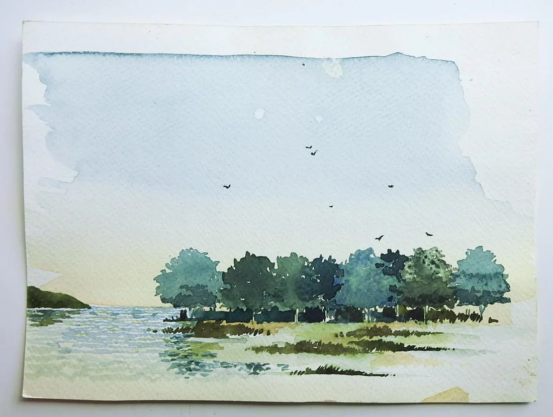 Small Mid 20th Century Coastal Landscape With Trees Watercolor Painting - 3