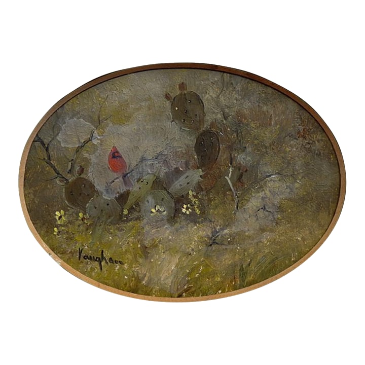 Late 20th Century Miniature Texas Cactus and Cardinal Painting: Late 20th century oil on masonite miniature painting of Cardinal in cactus patch by Ron Vaughan (1937 - 2020) Texas. Signed lower left. Unframed, displayed under original green mat, opening size 3" x