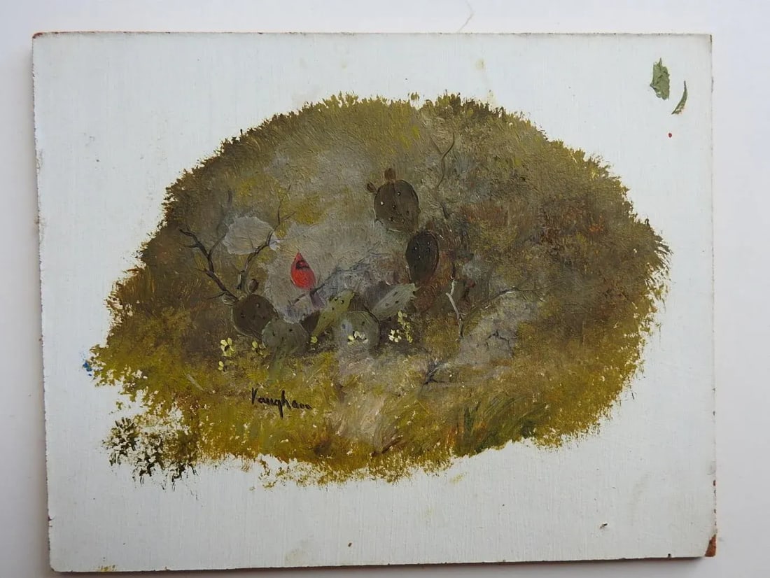 Late 20th Century Miniature Texas Cactus and Cardinal Painting - 2
