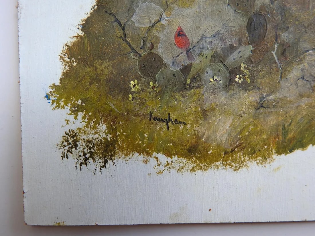 Late 20th Century Miniature Texas Cactus and Cardinal Painting - 3