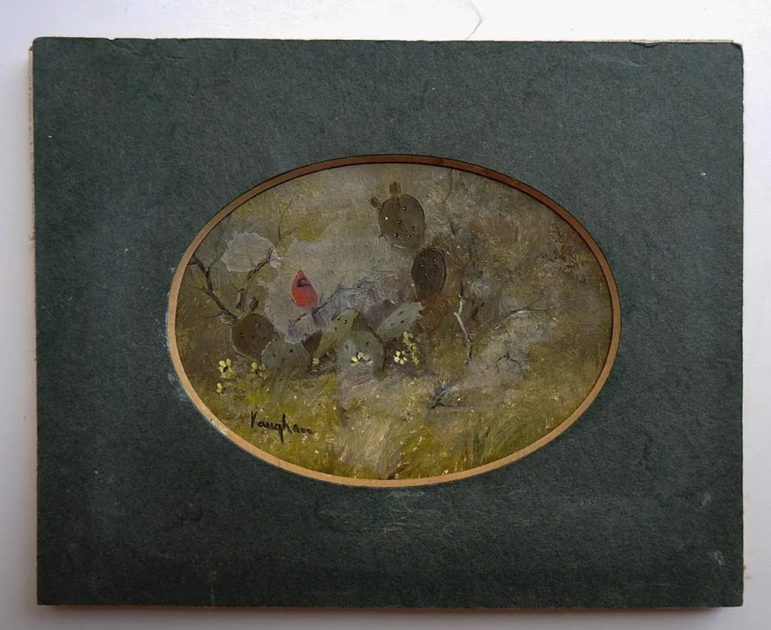 Late 20th Century Miniature Texas Cactus and Cardinal Painting - 4