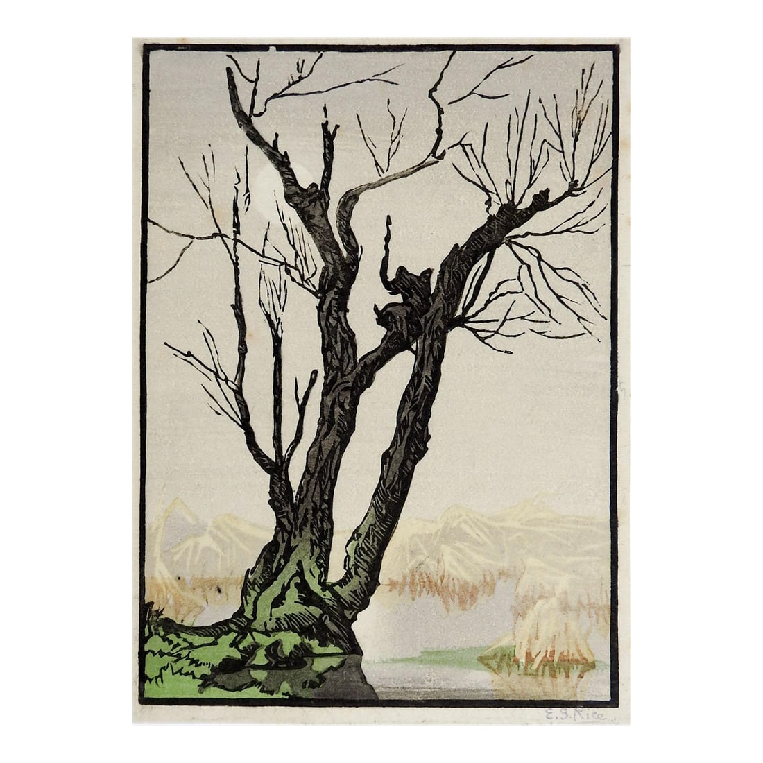 Early 20th Century Elsie Garrett Rice Mountains and Tree Foggy Day Woodcut: Early 20th century woodcut in color on paper of old tree in the mountains on a foggy day by Elsie Garrett Rice (1869-1923) England/South Africa. Signed E. G. Rice in pencil lower right margin. Unframe