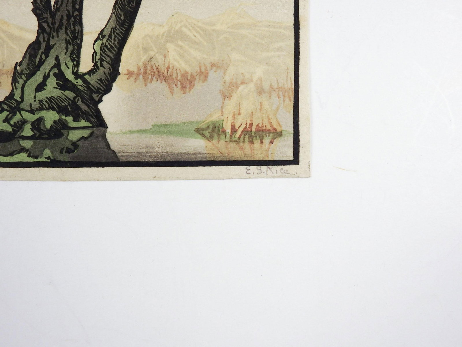 Early 20th Century Elsie Garrett Rice Mountains and Tree Foggy Day Woodcut - 2
