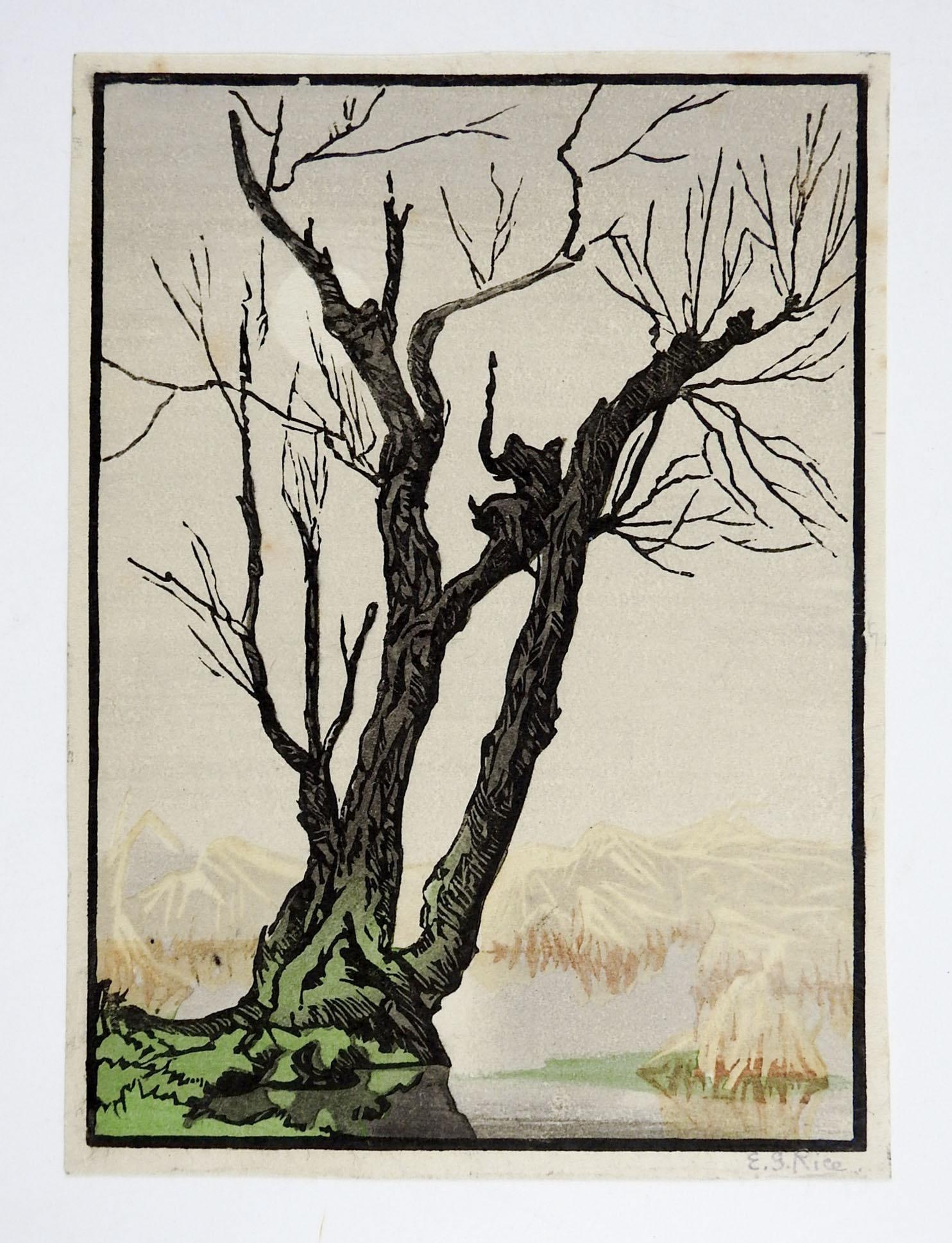 Early 20th Century Elsie Garrett Rice Mountains and Tree Foggy Day Woodcut - 3