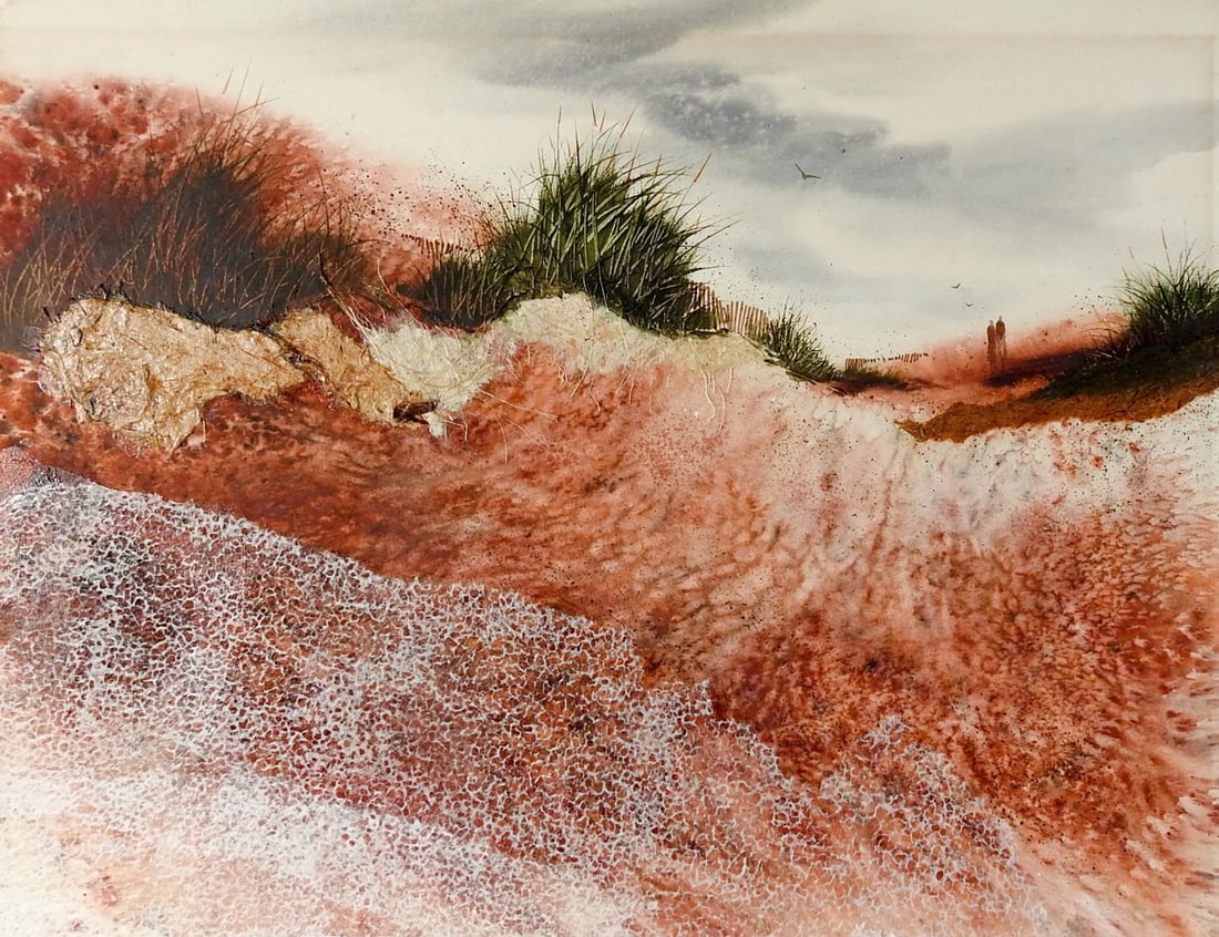 Coastal Sand Dunes Mixed Media Painting: Mixed media painting on artist board of coastal sand dunes with figures. Textured using fiber and paper. Unsigned. Unframed, edge wear. Condition: Alterations: Original Condition Unaltered Imperfectio