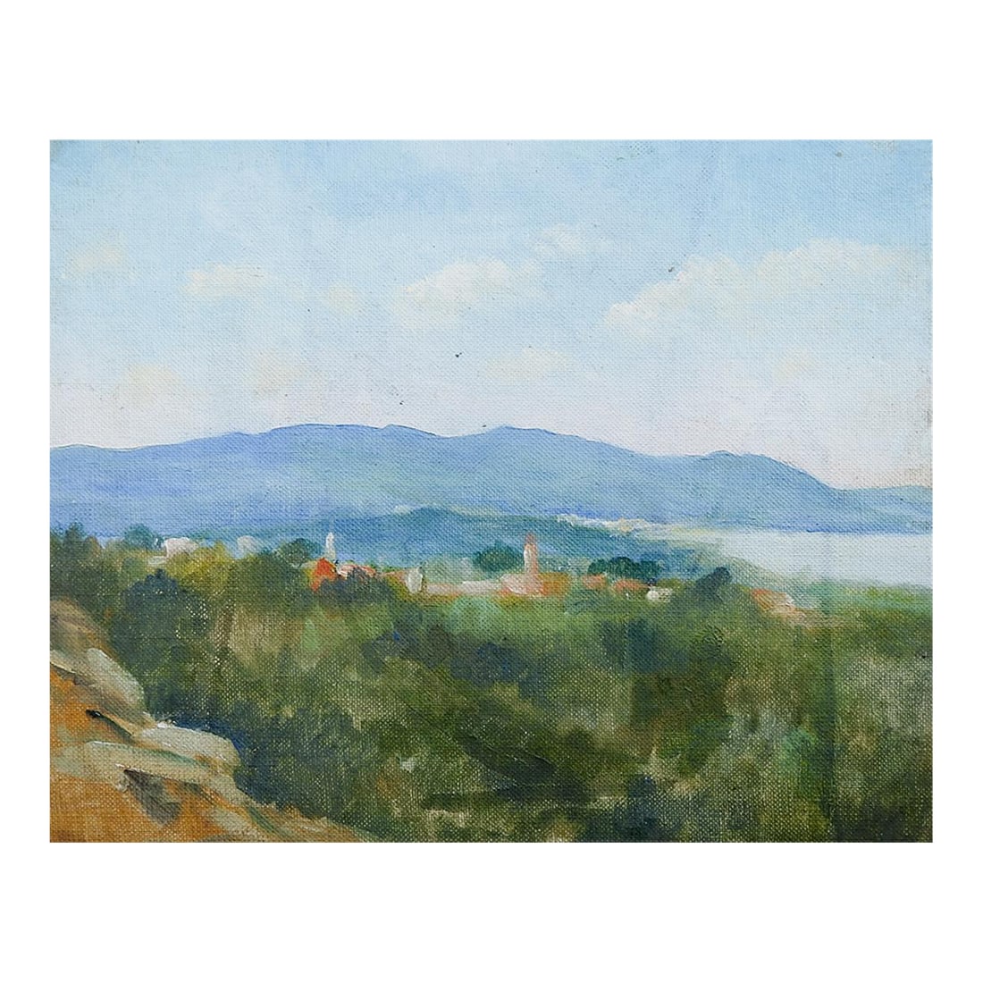 Small Plein Air Coastal Landscape Painting: Small oil on canvas board plein air coastal landscape painting by John Watermulder (20th Century) American. Signed on verso. Unframed, edge wear, few spots of paint loss. Condition: Alterations: Origi