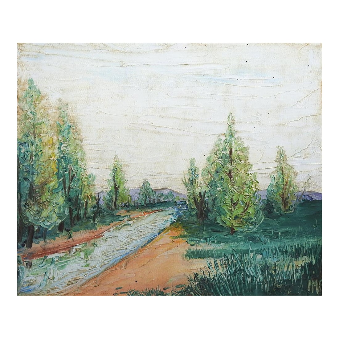 Mid 20th Century Impressionist River Landscape Painting: Mid 20th century oil on canvas board impressionist landscape painting with river and trees. Signed IMB lower right corner palette knife impasto. Unframed, edge wear, surface darkening. Condition: