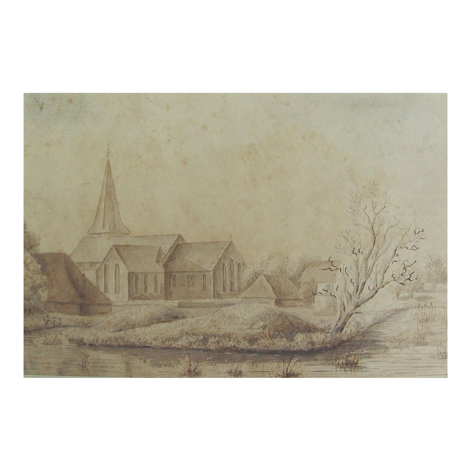 Late 19th Century Church of St Thomas a Becket, England Watercolor Painting: Late 19th century watercolor study on paper of the Church of St. Thomas a Becket, Pagham, West Sussex, England. Unsigned, circa 1880s, location noted in pen on verso. Unframed, displayed in mat with b