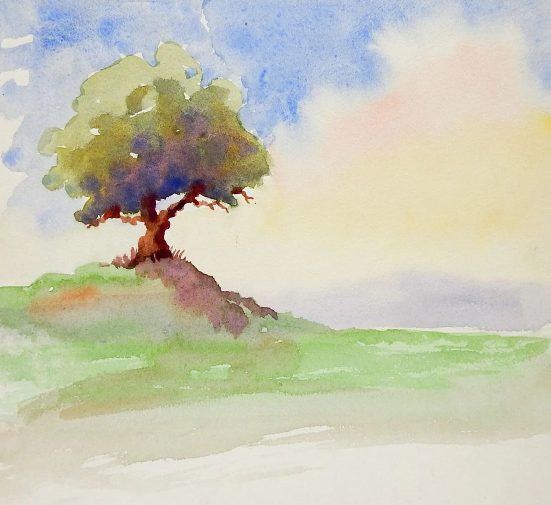 Vinage Impressionist Lone Tree Watercolor Painting (1 of 3)