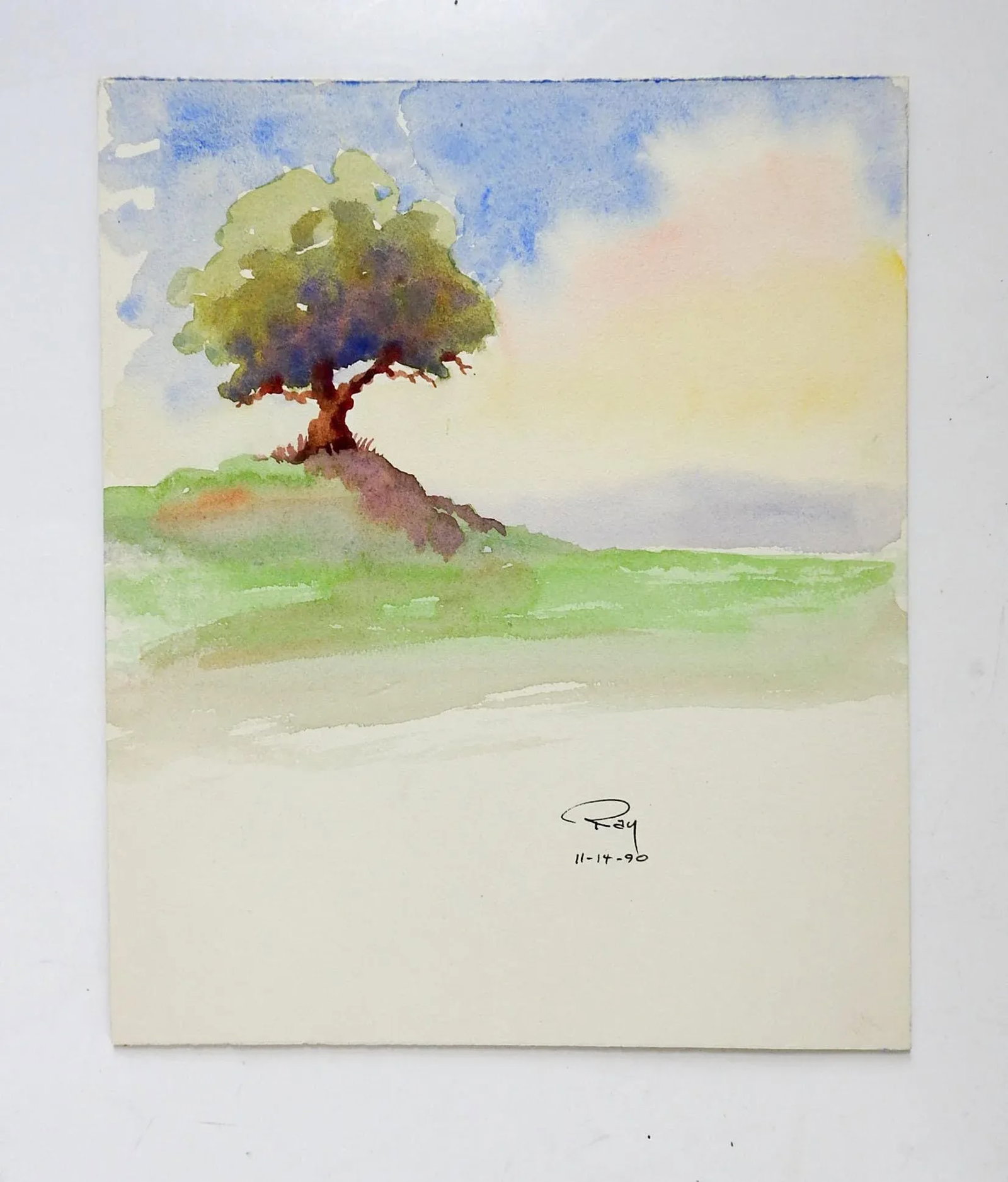 Vinage Impressionist Lone Tree Watercolor Painting - 2