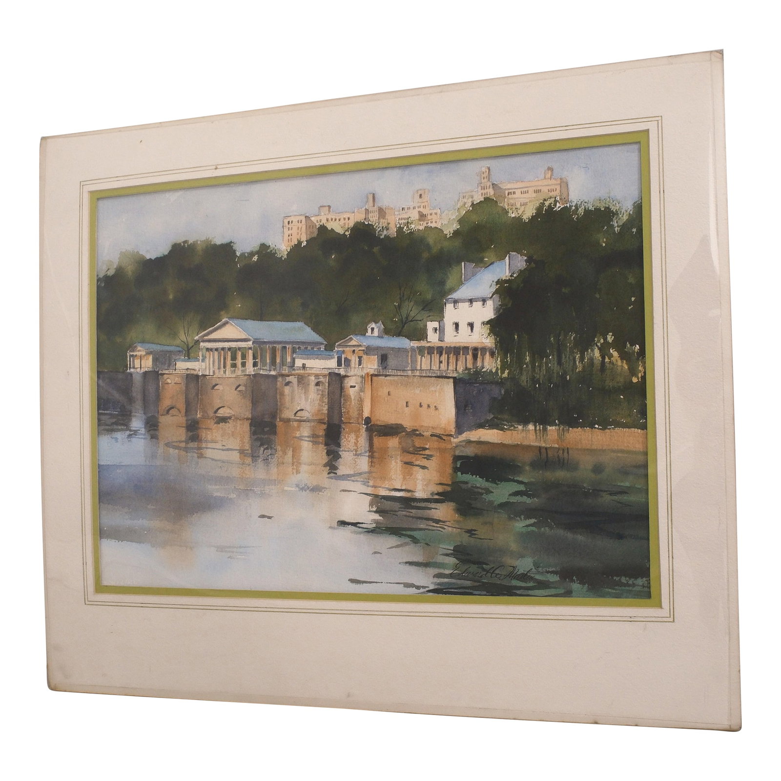 Edward Martin River Scene Hand Painted Watercolor Painting: Age: Approx: 100 Years Old Details: Matted - Unframed 'Spring House, Yellow Spring' Condition: Minor Wear To Matting Size: 24.5w x 1d x 20h Condition: Alterations: Original Condition Unaltered