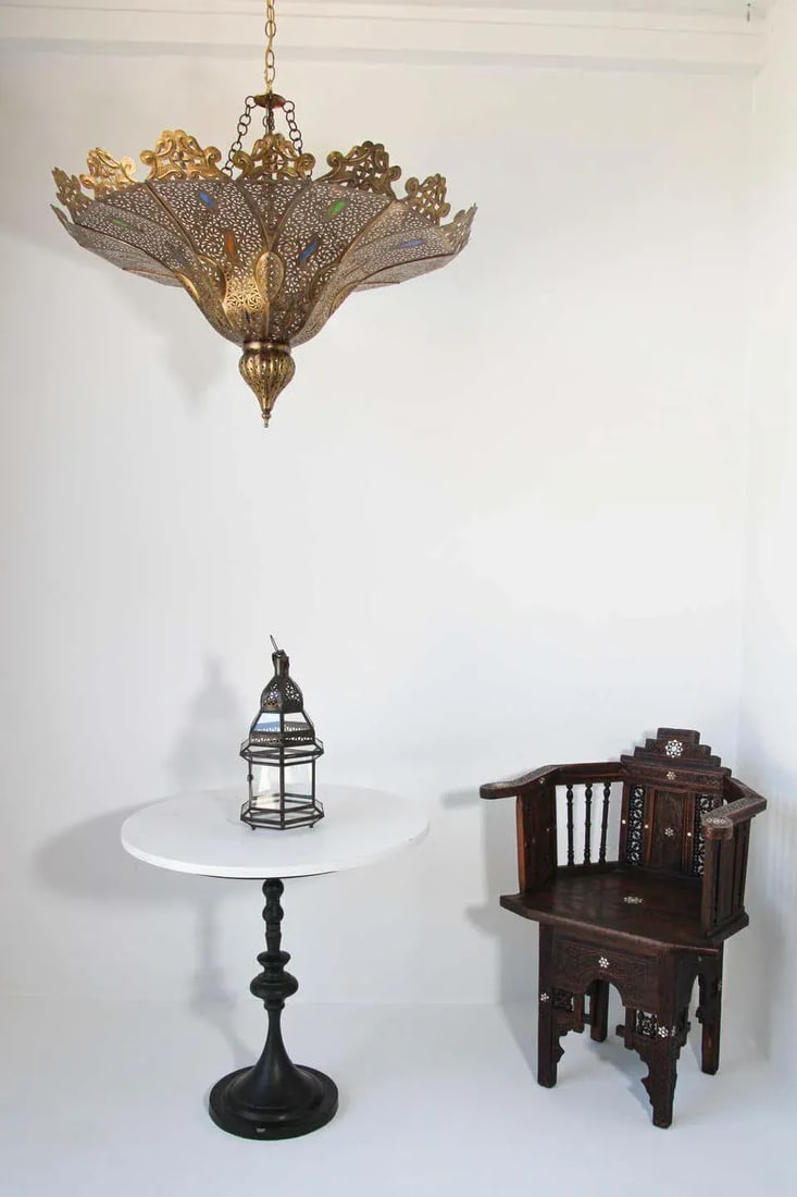 Vintage Moroccan Brass Chandelier Pasha Moorish Style - 11