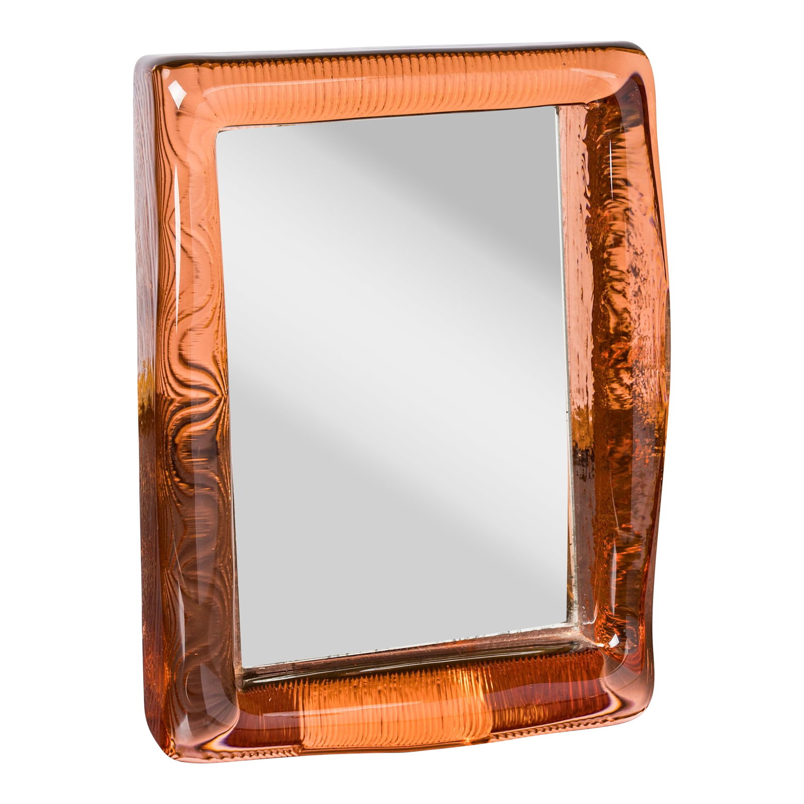 Midcentury French Solid Monoxyle Saint Gobain Glass Petite Table Mirror: Light pink solid glass petite table mirror from the 1950s. Condition: Alterations: Original Condition Unaltered Imperfections: Some Imperfections Condition Notes: Wear consistent with age and use. Ori