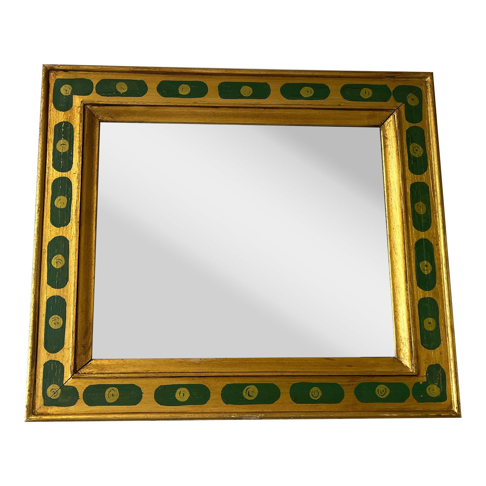 19th C. Handpainted Green and Giltwood Mirror: 15.75" H x 16" W x 0.5" D Condition: Alterations: Original Condition Unaltered Imperfections: Some Imperfections Condition Notes: Wear consistent with age and use. Origin: United States Materials