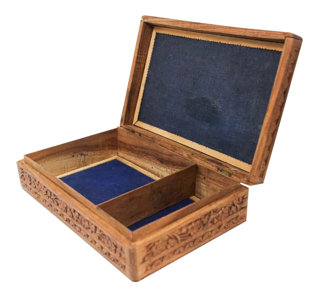 Anglo Raj Hand Carved Wooden Decorative Jewelry Box: Hand carved large wooden Anglo-Raj jewelry box. Early 20th century wood box richly decorated overall with arabesques and floral carving. Hinged lid shallow relief carving with interior lined with blue