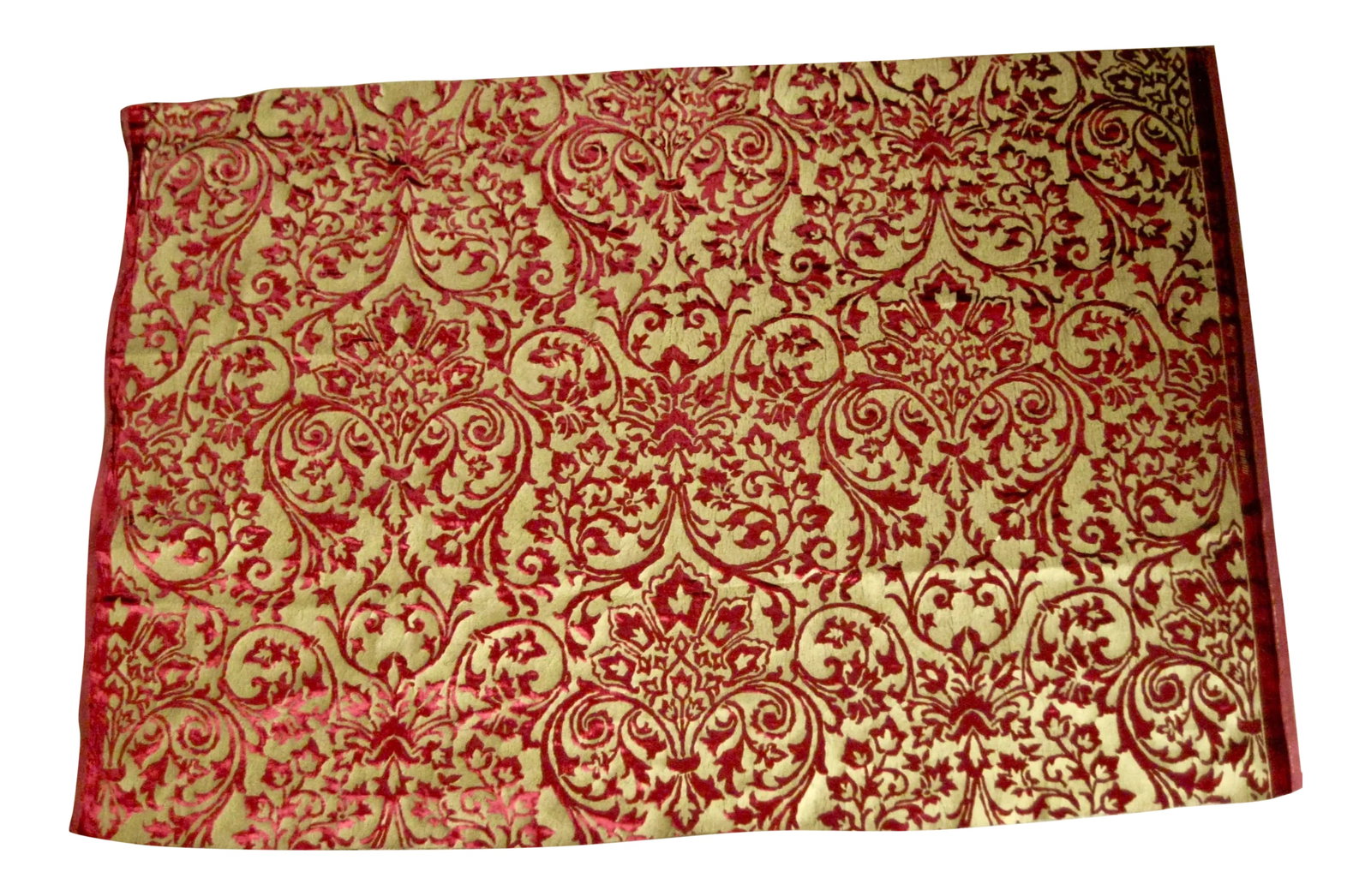 Gold Hand Printed Silk Italian Ardecora Velvet: This is a large coupon never used of hand printed metallic gold on silk burgundy velvet from the prestigious textile maker Ardecora Milan. here traditional techniques were used like Venise and Genoa d
