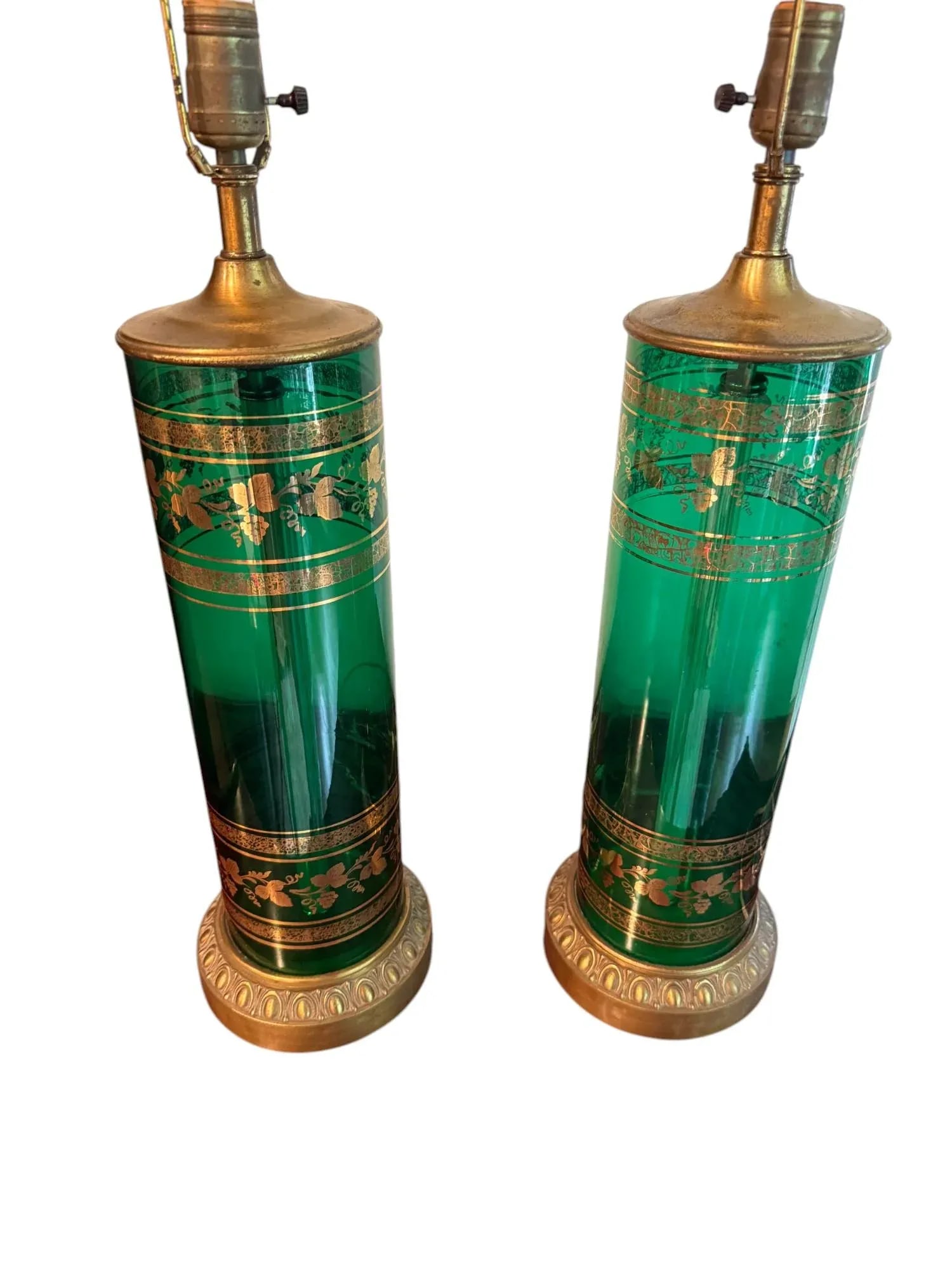Mid 20th Century Berger Green and Brass Translucent Lamps - A Pair - 4