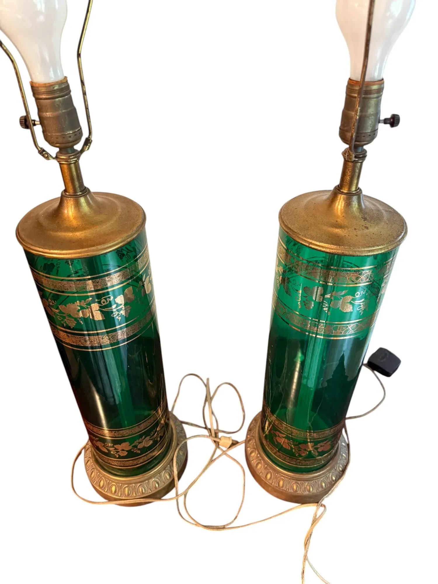 Mid 20th Century Berger Green and Brass Translucent Lamps - A Pair - 5