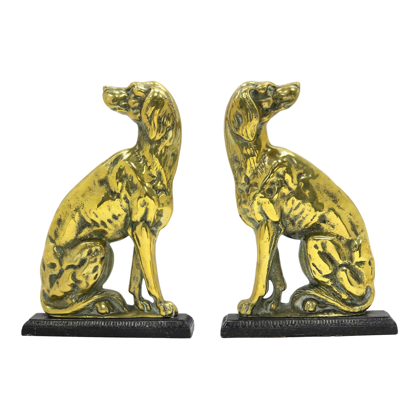 Tall 19th-Century Whippet Fireplace Ornaments / Doorstops: A stately (and ever-so-slightly judgmental) pair of antique English whippet dogs, seated in noble silence and ready to observe your next soiree from the hearth. Circa 1850, this left-and-right facing