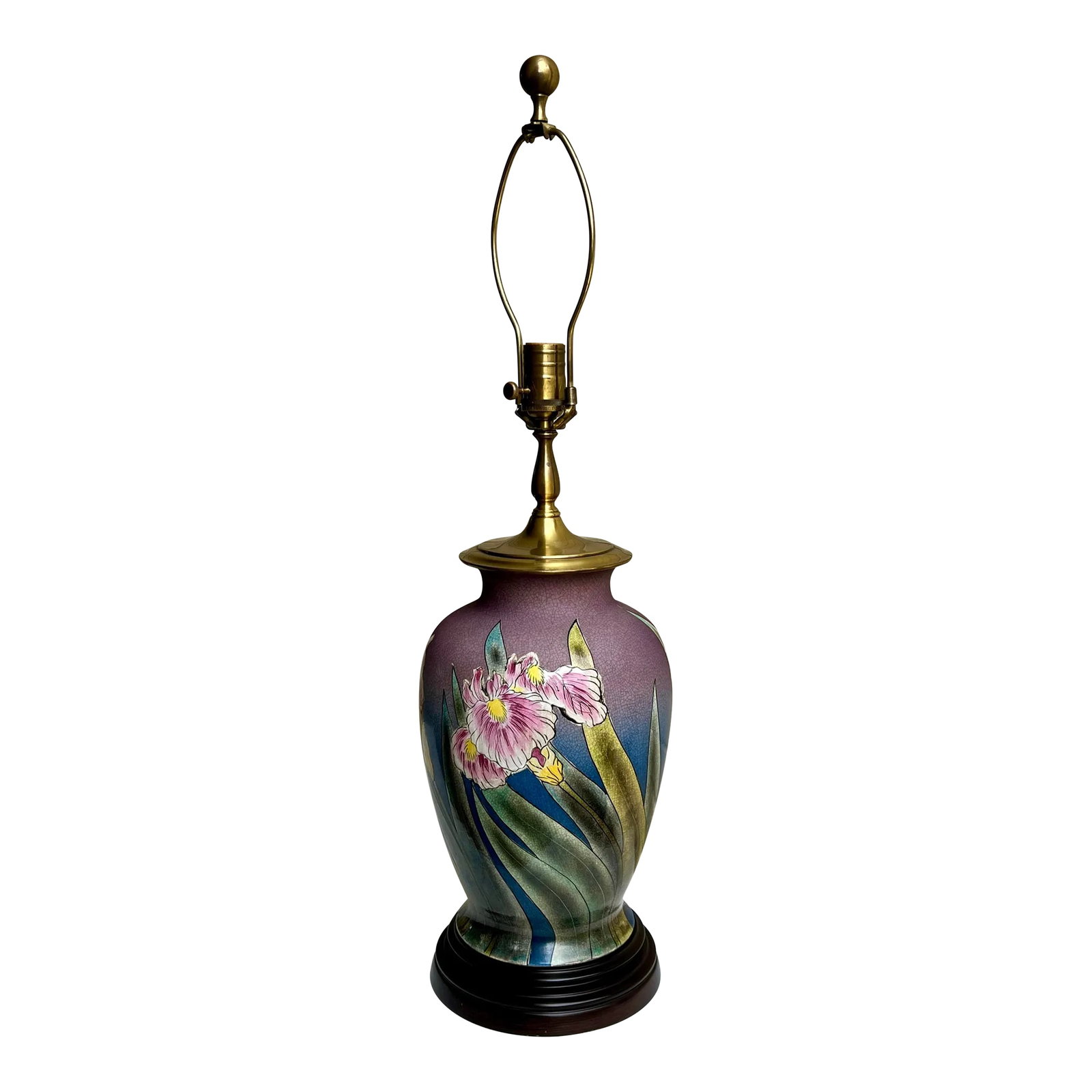 Vintage Chinoiserie Purple Iris Ginger Jar Style Table Lamp by Wildwood: Introducing the exquisite Vintage Wildwood Purple Iris Table Lamp , a true embodiment of elegance and grace. This lamp is a celebration of the majestic purple iris, a flower that symbolizes royalty, w