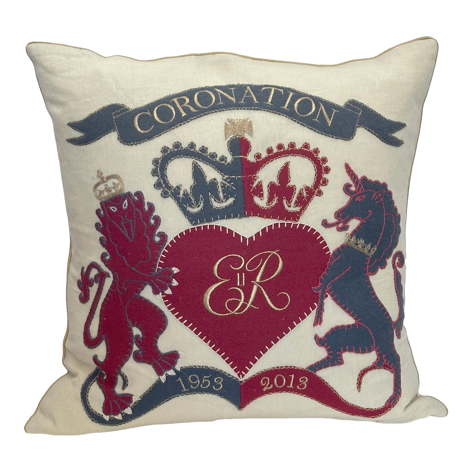 Jan Constantine Diamond Jubilee Pillow: Jan Constantine commemorative pillow celebrating Queen Elizabeth II's Diamond Jubilee, 1953-2013. Features the iconic lion and unicorn flanking a crowned heart with "ER II" in wool applique and hand e