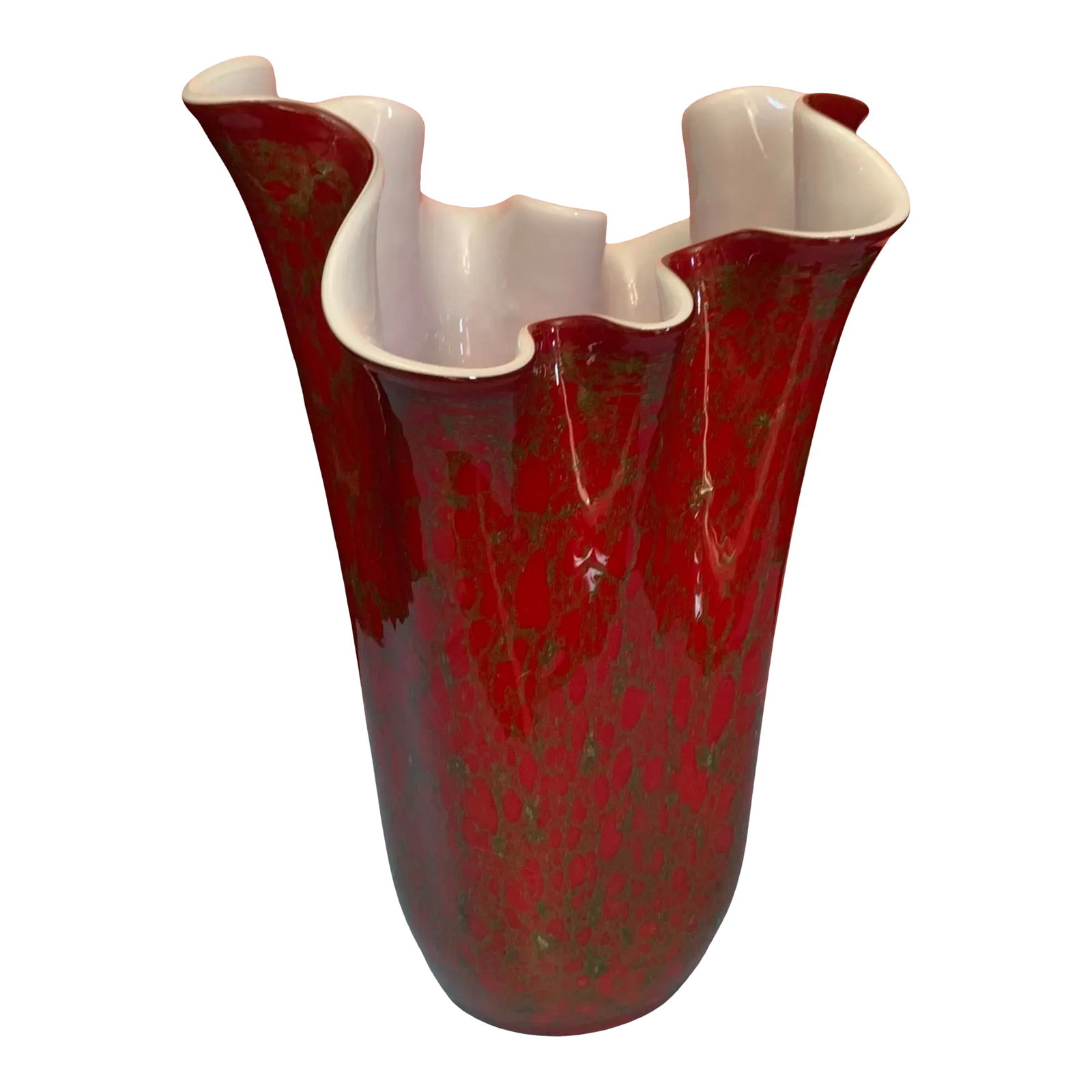 Large Red Art Glass Handkerchief Vase: This stunning 13 1/2-inch tall art glass vase is a true masterpiece, hand-blown by skilled artisans in Krosno, Poland. It was crafted from a blend of red, white, and gold glass, The vase's design