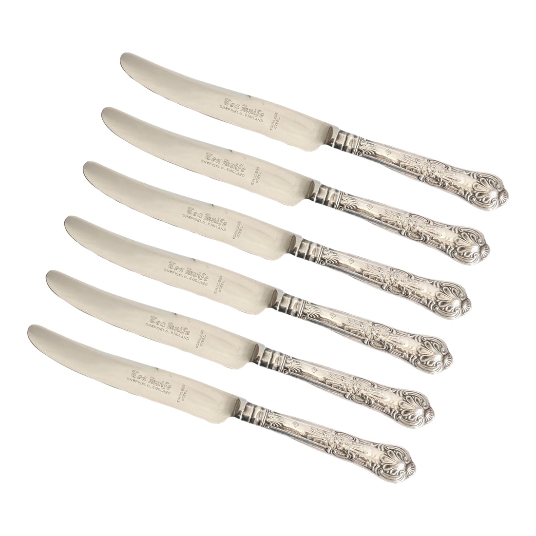 Set of 6 English Sterling Pastry Knives: Set of six English pastry knives with sterling silver handles in the classic Kings pattern and stainless steel blades. Each marked "Tea Knife, Sheffield, England" with English hallmarks. Ideal for