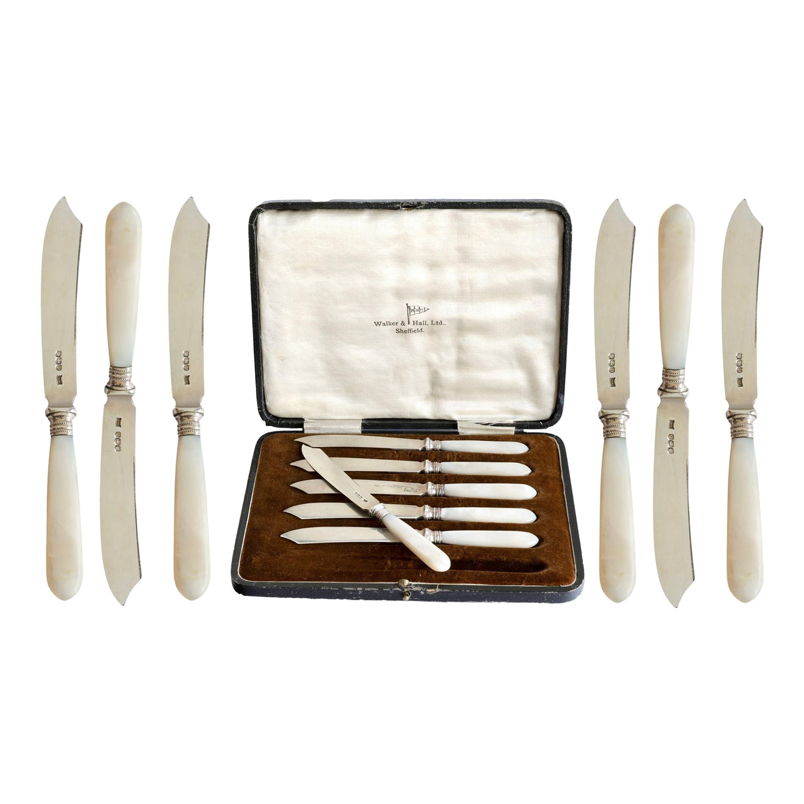 Walker & Hall Sterling & Pearl Dessert / Fruit Knives: Charming set of six small knives with hallmarked sterling silver blades by Walker & Hall, Sheffield, 1946. Each knife features a gleaming mother-of-pearl handle and a sterling blade and collar, showca