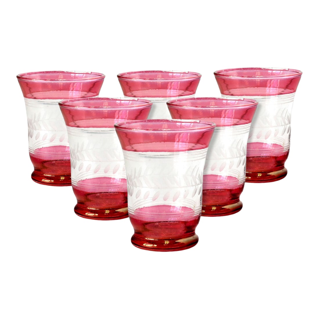 Bohemian Cranberry Juice Glasses, Set of 6: Add vintage charm to your table with these Bohemian flash cranberry and etched glass juice glasses. Featuring a vibrant cranberry base with elegant etched detailing, these glasses are both functional
