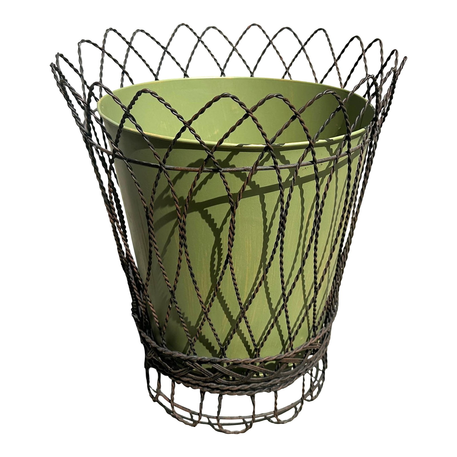 Vintage Wire Basket W/Green Planter Pot Liner: Vintage Distressed Wire Basket with Green Metal Pot Liner, can be used either as a plant holder or trash can. Perfect with a bouquet of faux flowers. Shabby Chic, Farmhouse look. Chippy paint finish. 