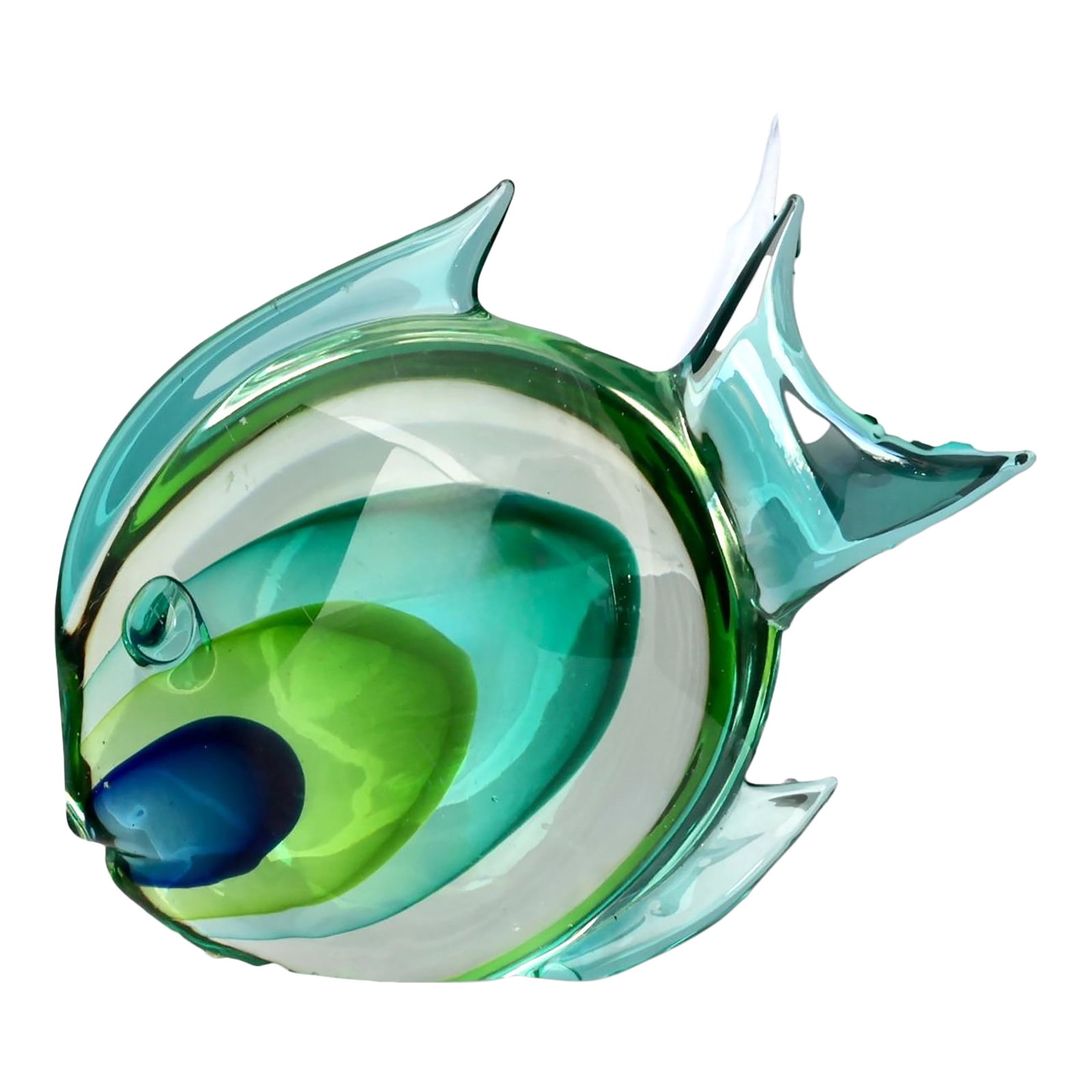Hand-Blown Murano Art Glass Fish: A stunning hand-blown art glass fish featuring vibrant shades of green, blue, and clear glass, creating a captivating underwater effect. Its sleek, fluid design and intricate detailing showcase the