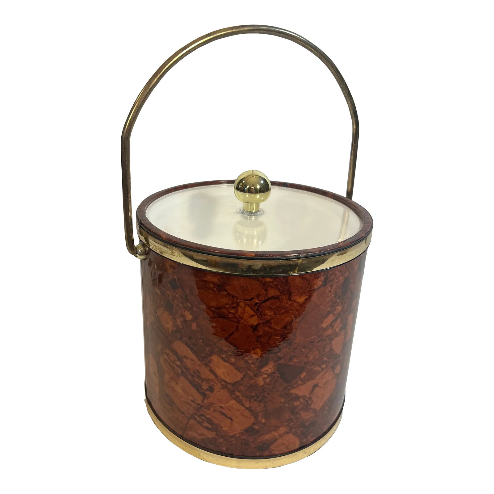 Vintage Mid-Century Kraftware Faux Tortoise Shell Ice Bucket: Imagine elevating your entertaining game with this stunning Vintage Mid-Century Kraftware Faux Tortoise Shell Ice Bucket. Crafted by the renowned Kraftware, this exquisite piece features a luxurious f