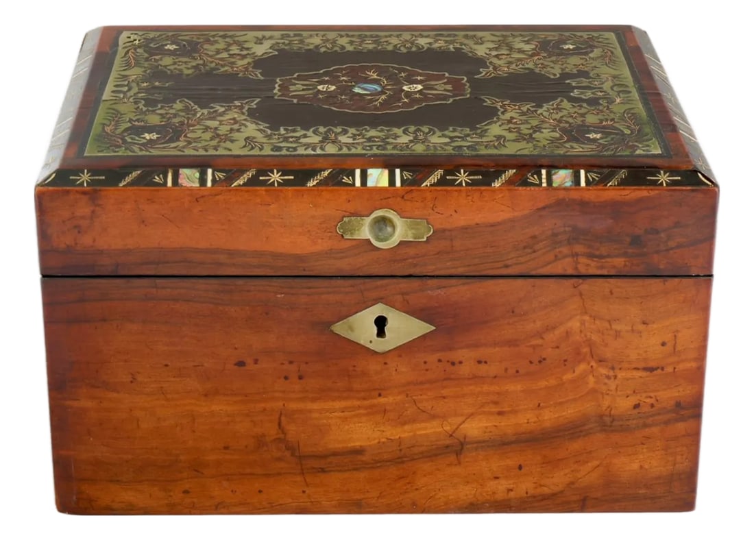 Antique English Inlaid Storage Box: English inlaid wooden box, c.1840, with an ornate lid of mother-of-pearl, and abalone inlay over ebony. Top edge is also inlaid with pearl and marquetry. The interior features a tufted royal blue silk
