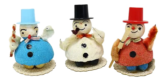 Midcentury Snowman Figures, Set of 3: This jolly little trio is dressed and ready to sleigh. Crafted in the 1950s from pipe cleaners, glitter, cotton batting, and sheer chutzpah, each snowman brings his own personality: * Mr. Blue is hold