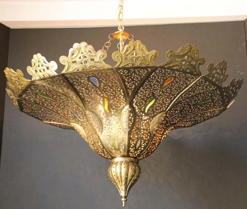 Vintage Moroccan Chandelier Moorish Brass With Multicolor Glass - 10