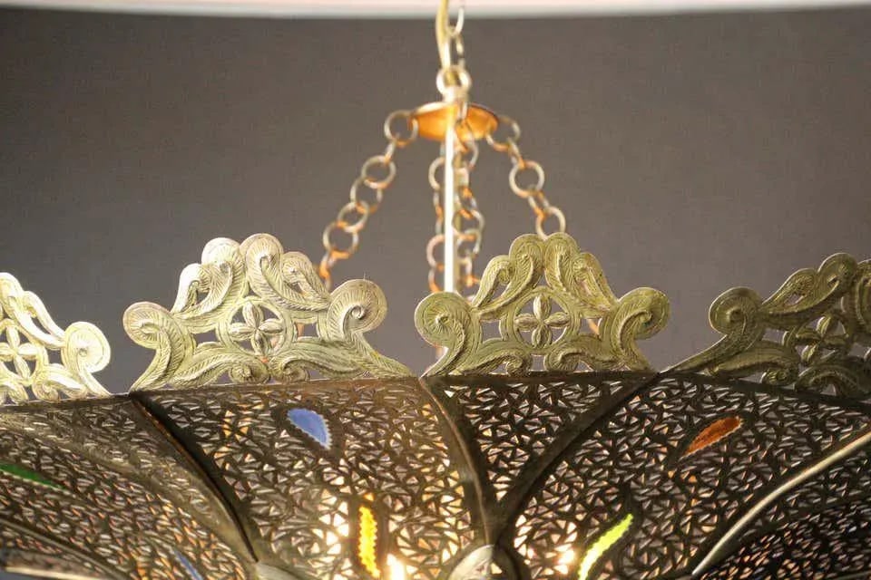 Vintage Moroccan Chandelier Moorish Brass With Multicolor Glass - 11