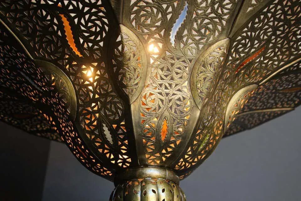 Vintage Moroccan Chandelier Moorish Brass With Multicolor Glass - 12